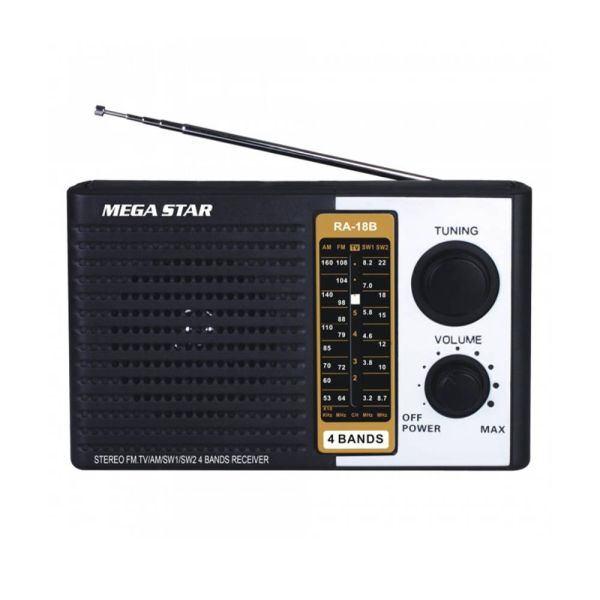 Radio portátil FM/AM de la marca 0001 en color negro, con bocinas y banda de 4 bandas para escuchar música y estaciones.