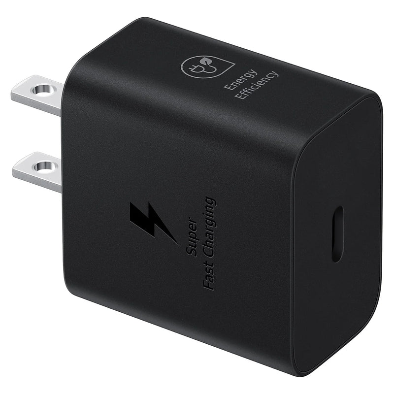 Adaptador de corriente Samsung USB-C de 25W para celulares y accesorios, con puerto USB-C y diseño compacto.
