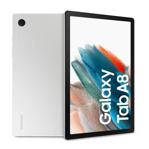 Tableta Samsung Galaxy Tab A8 de 10.5 pulgadas, WiFi, 32GB ROM y 3GB RAM, vista frontal con pantalla encendida.