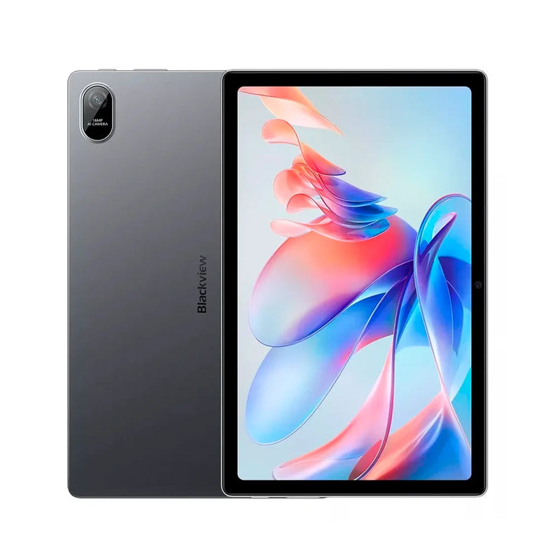Tableta Blackview Tab11 gris de 10.36" con WiFi, 128GB de ROM y 4GB de RAM, vista frontal mostrando pantalla y diseño elegante.