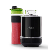 Mezclador personal Oster de color negro para uso en el hogar, con vaso portátil y control de velocidad.