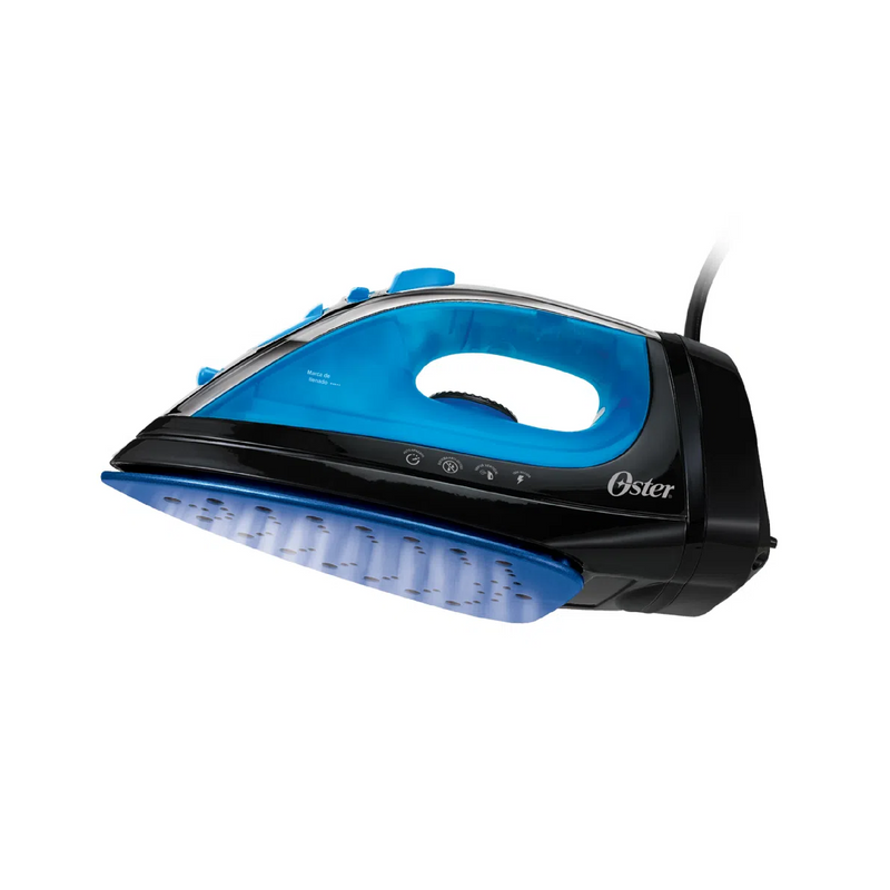 Plancha de vapor Oster con cable retráctil, superficie de planchado lisa y mango ergonómico para uso en el hogar.