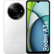 Celular Xiaomi Redmi A3X con pantalla de 6.71 pulgadas, Dual SIM, 128GB de almacenamiento y 4GB de RAM en color blanco.