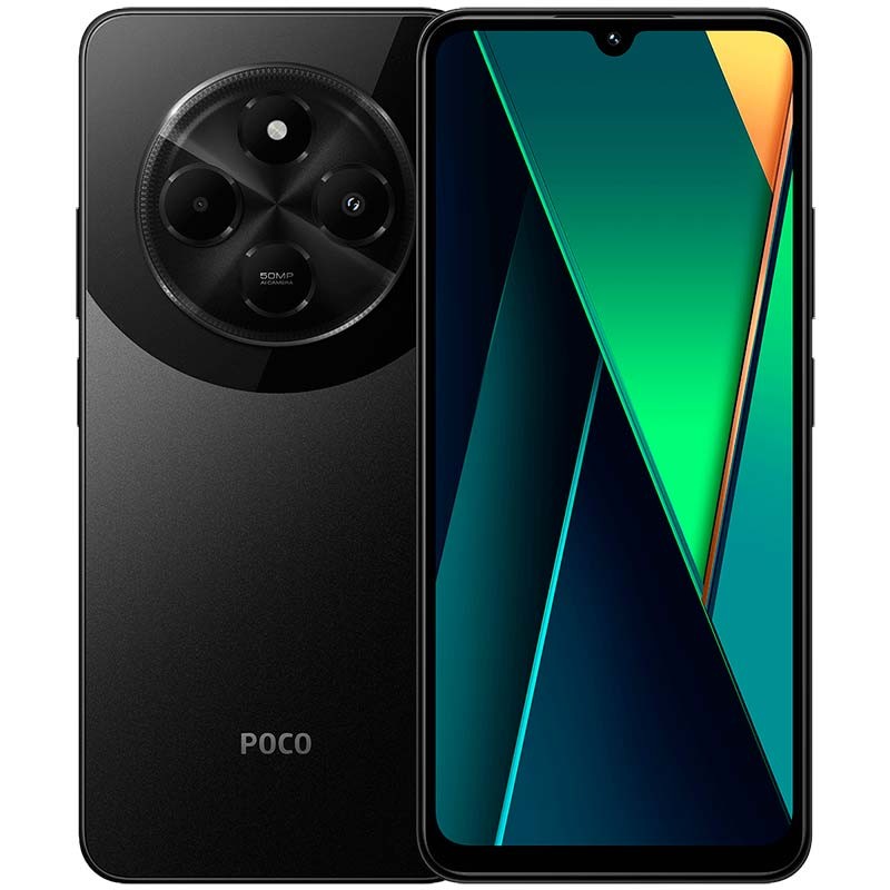 Teléfono celular Xiaomi Poco C75 en color negro con pantalla de 6.88 pulgadas, doble SIM, 128GB de ROM y 6GB de RAM.